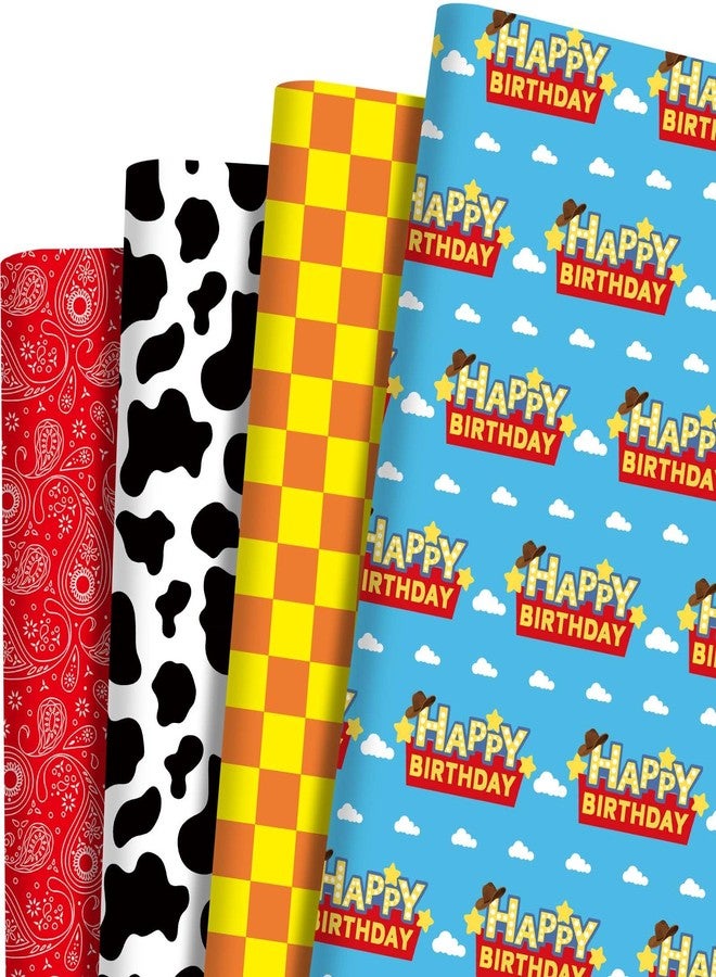 Bolsome 12Pcs Cartoon Story Gift Wrapping Paper, 19.7×27.6 inch, Cow Print Yellow Plaid Blue SKy Clouds Red Bandana Pattern Wrap Paper for Birthday Party Baby Showers Packaging Supplies - Image 1